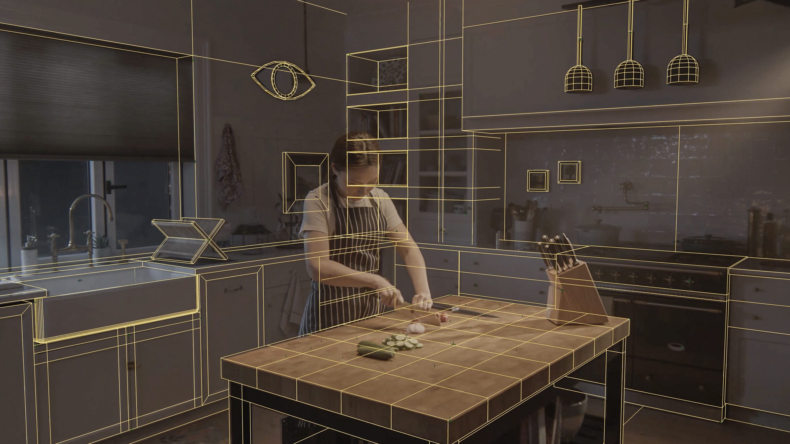 After: the same plate with a matchmove layout of the kitchen overlaid in yellow wireframe